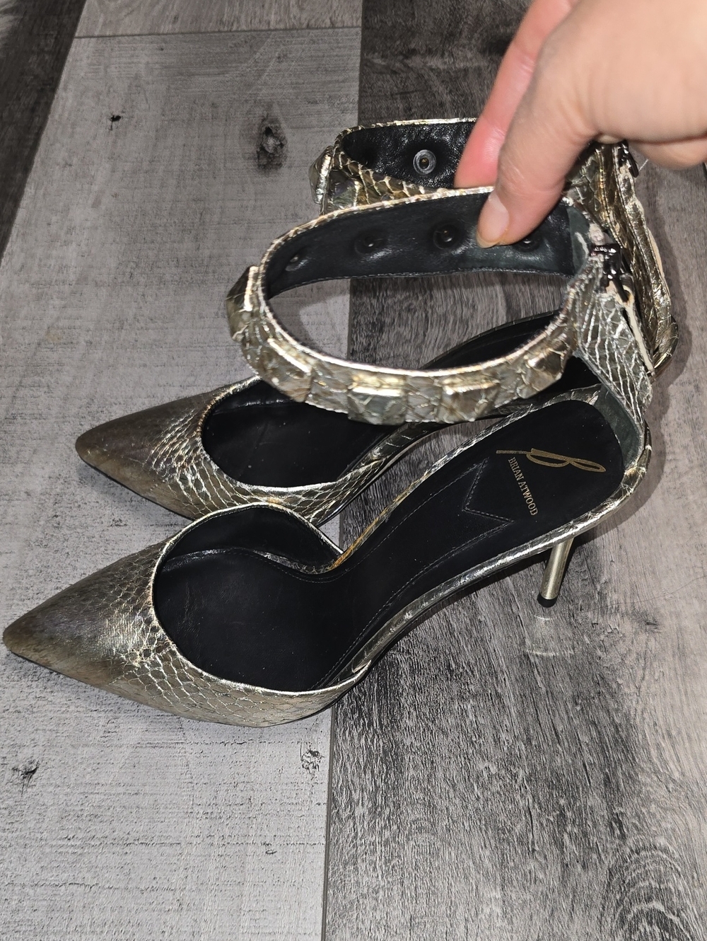 Brian Atwood Gold Snakeskin Ankle Strap Pumps Size 8.5